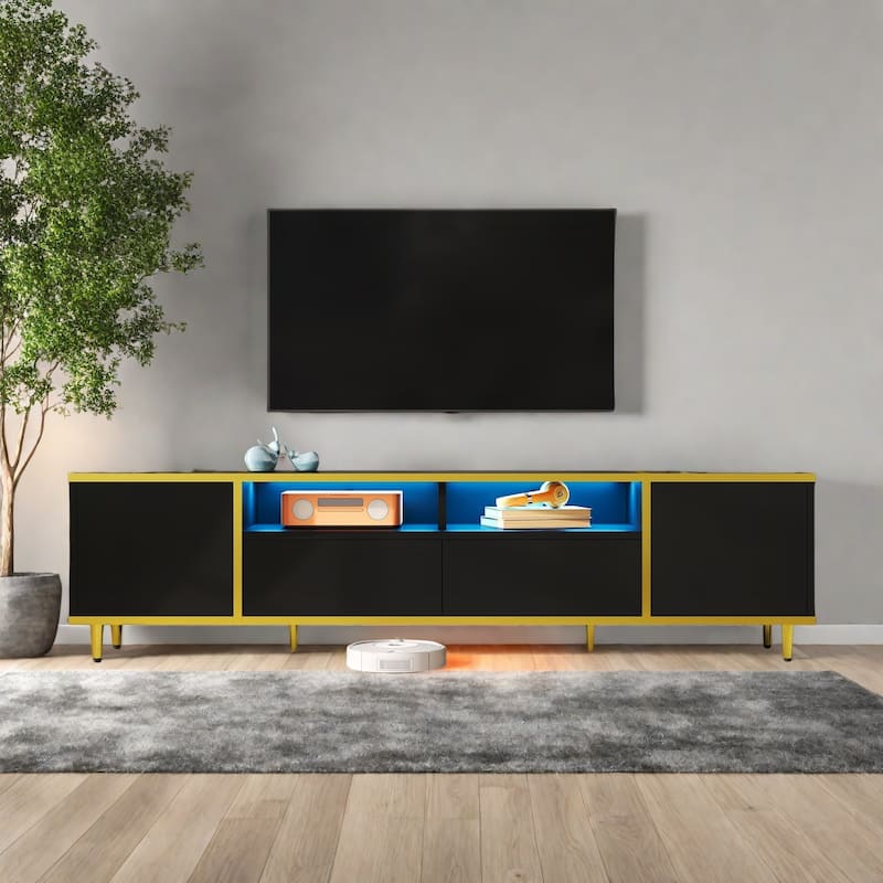 70.9" Luxury LED TV Stand with Smart Lighting - 2 Cabinets, 2 Drawers and Anti Tip Design and Cable Management - Black