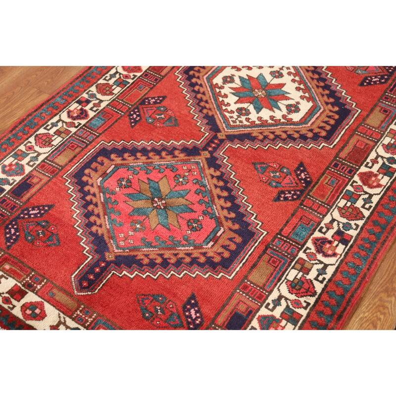 Geometric Ardebil Persian Vintage Runner Rug Handmade Wool Carpet - 3'7"x 10'7"