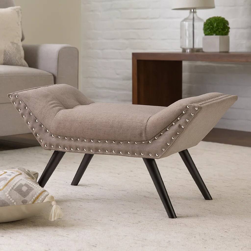Vibe Ottoman Bench, Tufted Gray Fabric, 36 Inch, Nailhead Trim