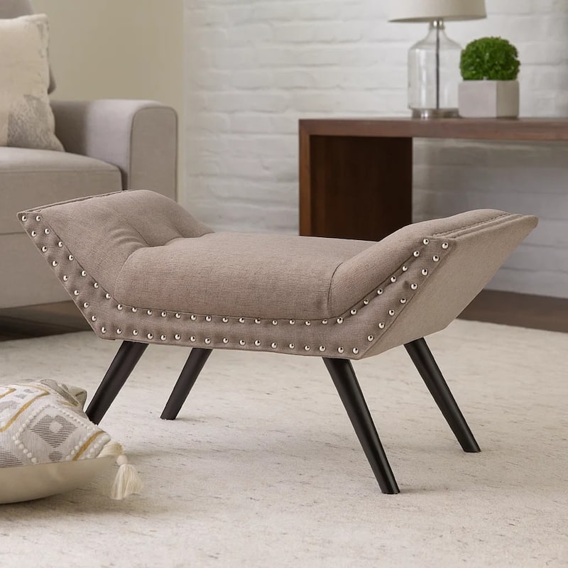 Vibe Ottoman Bench, Tufted Gray Fabric, 36 Inch, Nailhead Trim