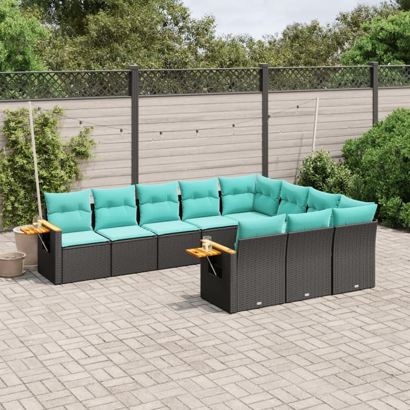 vidaXL 10 Piece Patio Sofa Set with Cushions Black Poly Rattan - 21.7x27.2x24.4-Without table