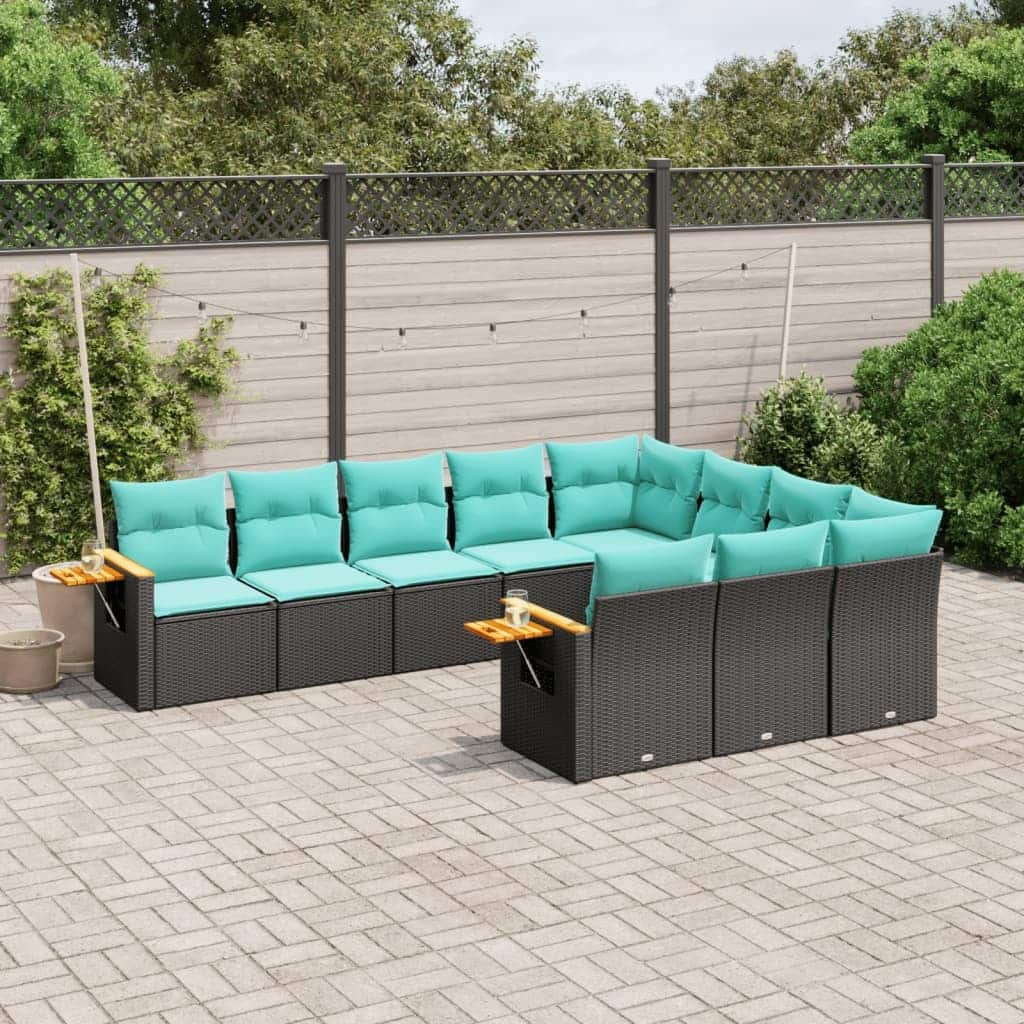vidaXL 10 Piece Patio Sofa Set with Cushions Black Poly Rattan