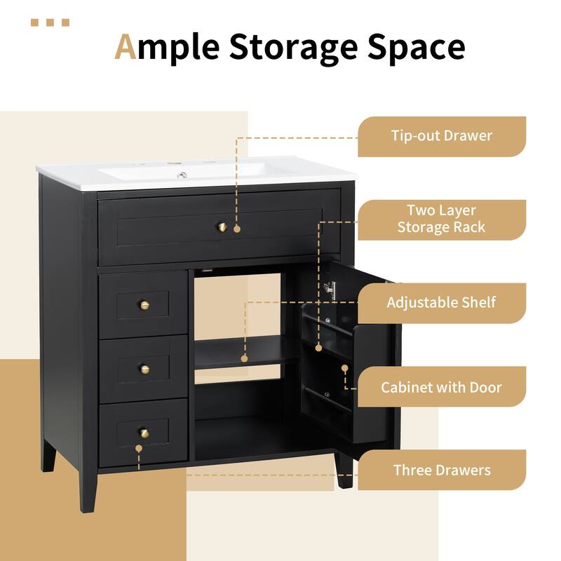 30-Inch Bathroom Vanity with Sink, Modern MDF and Rubberwood Cabinet with 3 Drawers and Adjustable Shelf, Freestanding