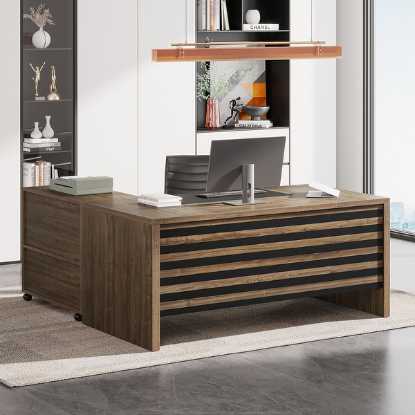 Farfarview Large Executive Desk with Mobile File Cabinet 62.2 L Shaped Office Desk Business Workstation Set Gray Brown