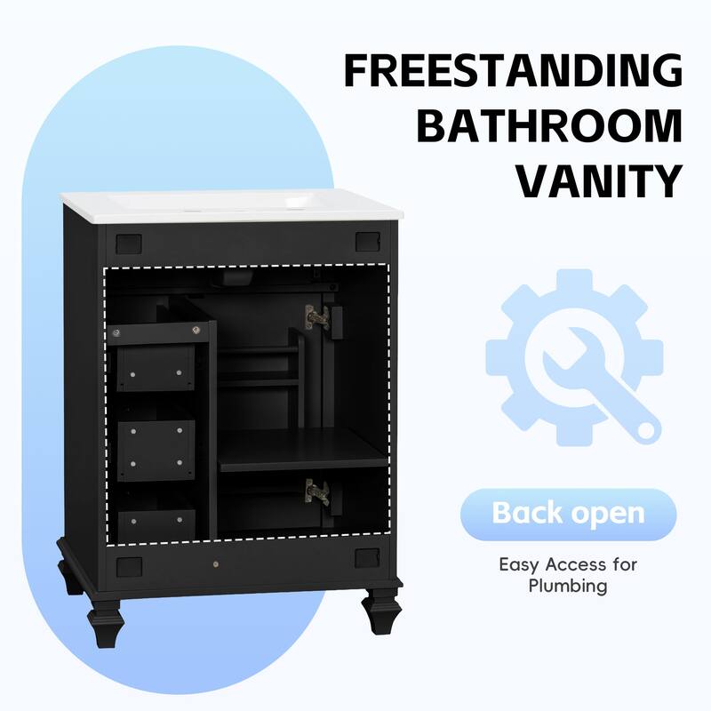 24"Bathroom Vanity with Sink, Freestanding Vanity Cabinet with Flip-Out Drawer, 3 Drawers & Storage Cabinet, Ceramic Sink Top