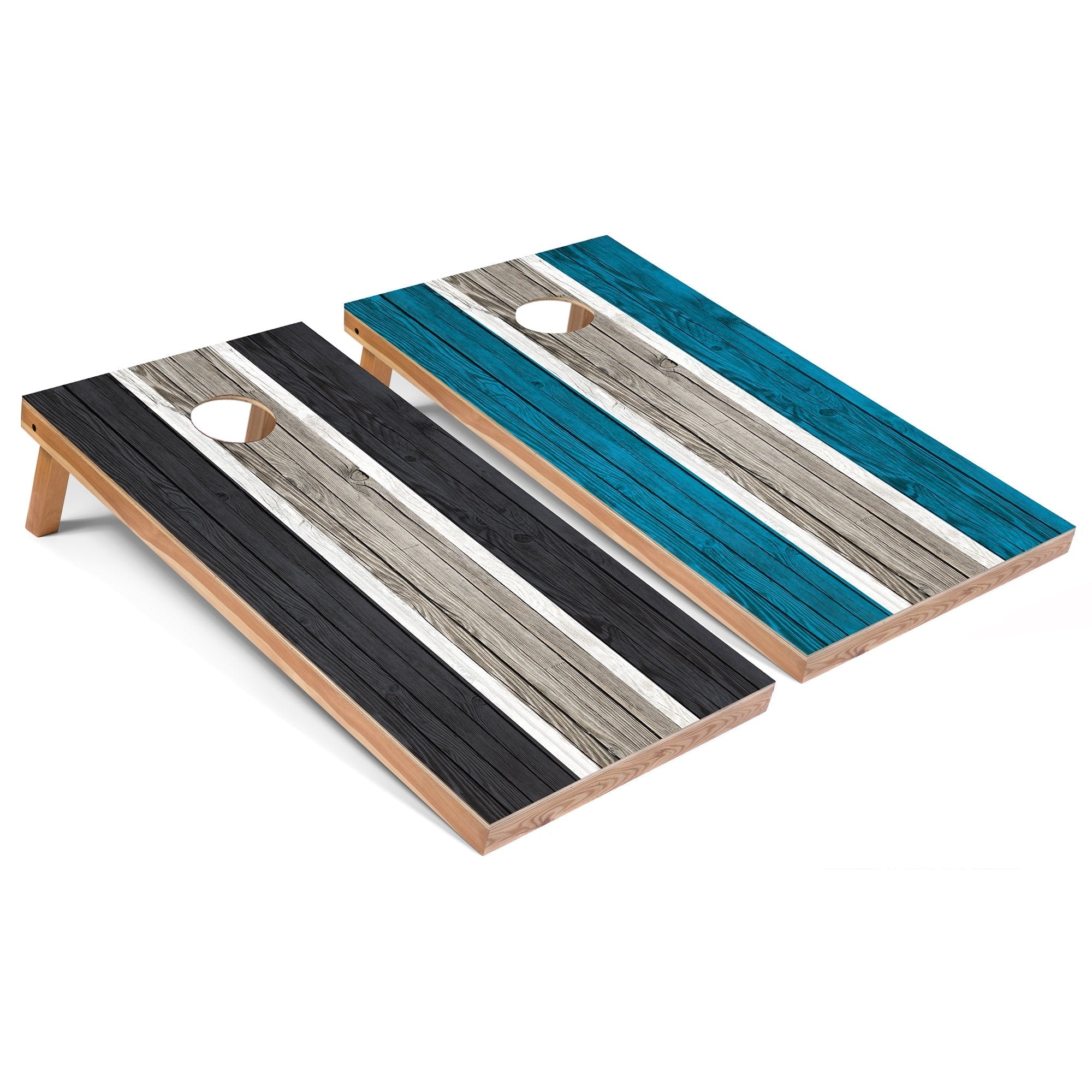 Dark Grey and Turquoise Striped Outdoor Cornhole Set