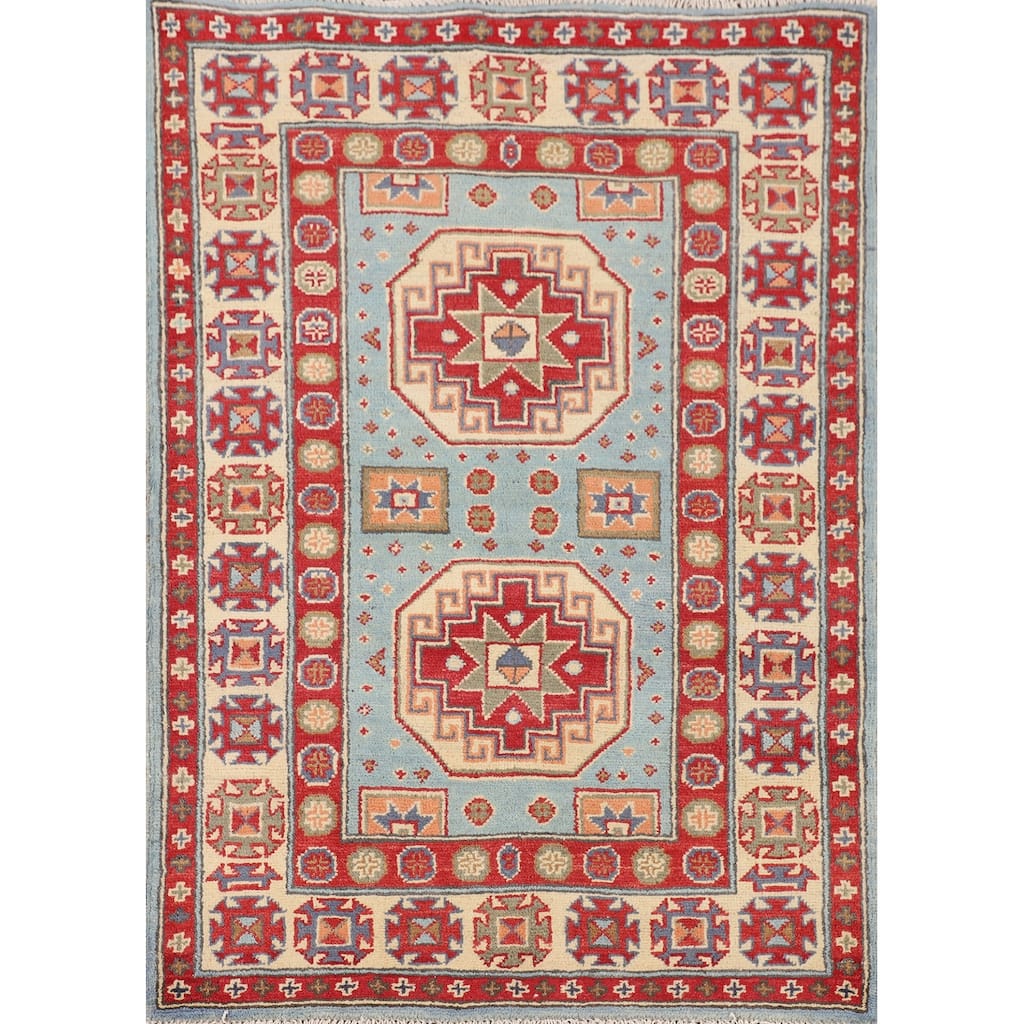 Light Blue Kazak Oriental Accent Rug Handmade Geometric Wool Carpet - 2'9" x 3'10"