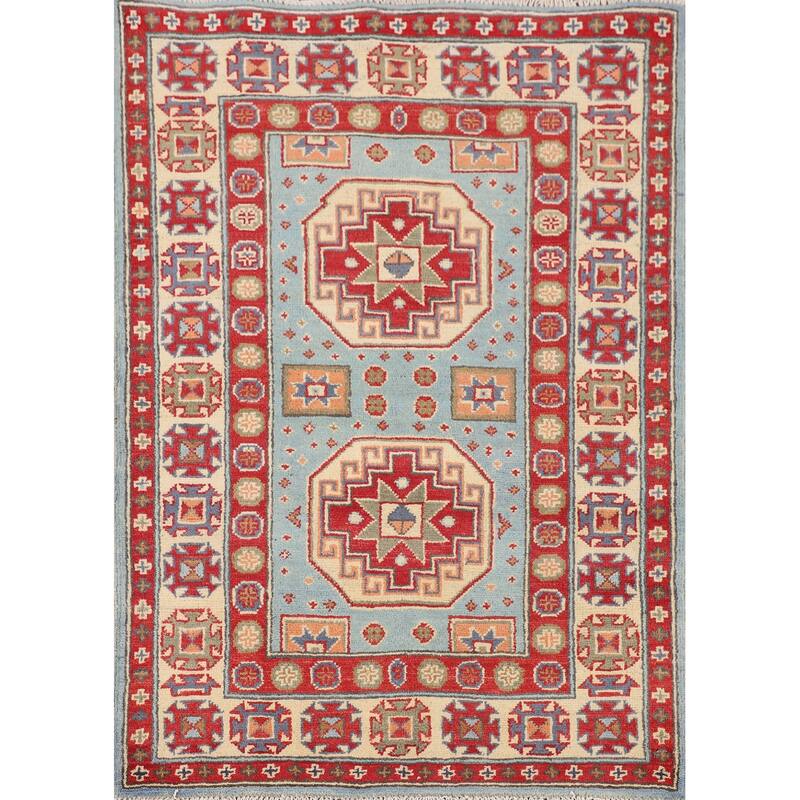 Light Blue Kazak Oriental Accent Rug Handmade Geometric Wool Carpet - 2'9" x 3'10"