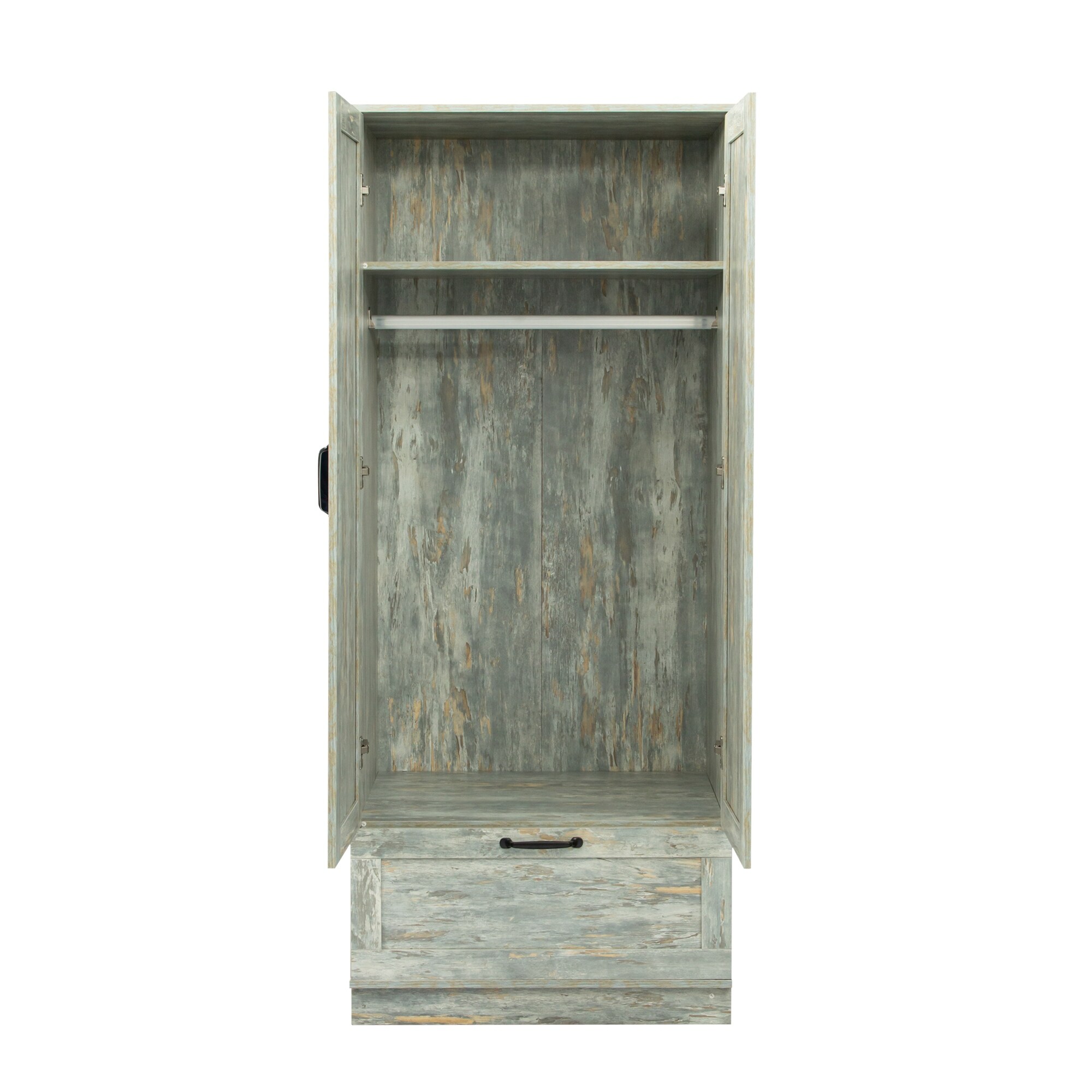 Vintage Wooden Wardrobe with Drawers and Open Compartments, Rustic