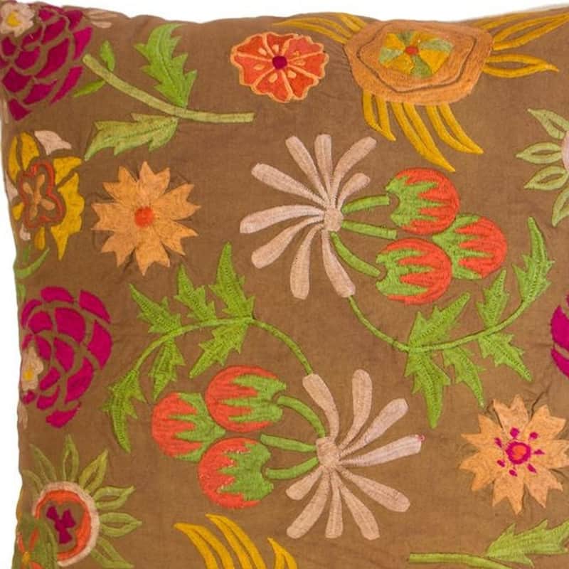 Set of Two 20" Brown Green And Pink Floral Cotton Throw Pillows with Embroidery