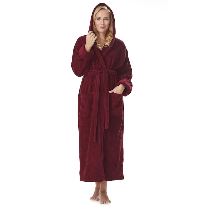 Women's Cotton Hooded Full Length Turkish Bathrobe - Medium - Burgundy