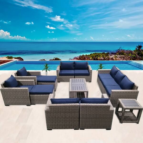 slide 1 of 10, Patio8 Outdoor Conversation 13pcs Gray Wicker Patio Furniture Sofa Set