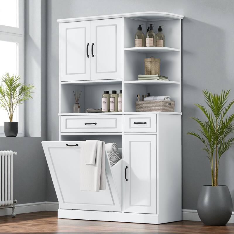 Tall Freestanding Storage Cabinet with Drawers and Doors, Adjustable Shelves, Flip Drawer Organizer for Bathroom or Office