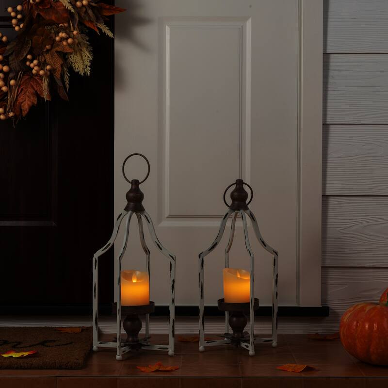 Glitzhome 16.50"H Modern Farmhouse Small Antique White Metal Lantern Candle Holder