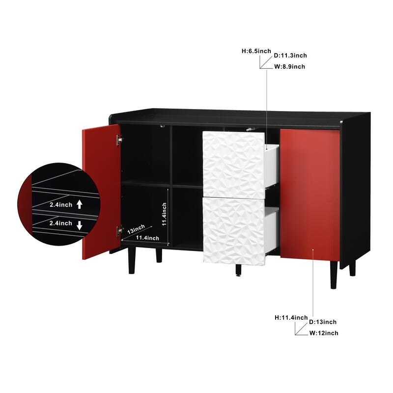 Sideboard Buffet Cabinet,Storage Cabinet with Red Doors,2 Drawers with unique panel styling and 2 Open Storage Compartment