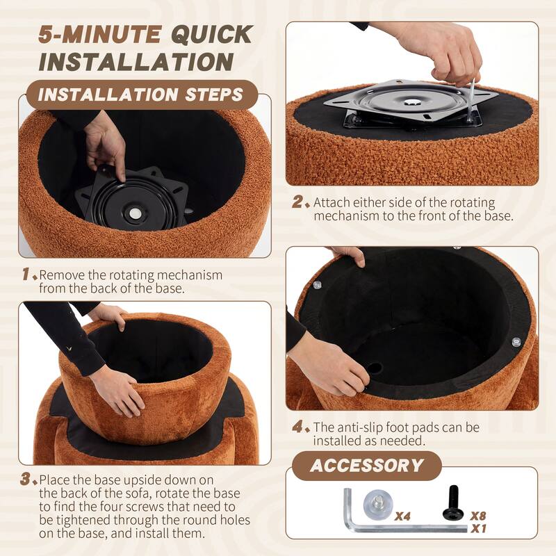 360° Swivel Accent Chair, Round Barrel Upholstered Armchair with Lumbar Cushion