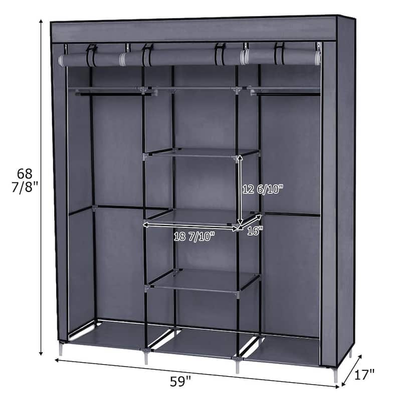 69" Portable Clothes Closet Non-Woven Fabric Wardrobe Double Rod Storage Organizer Gray