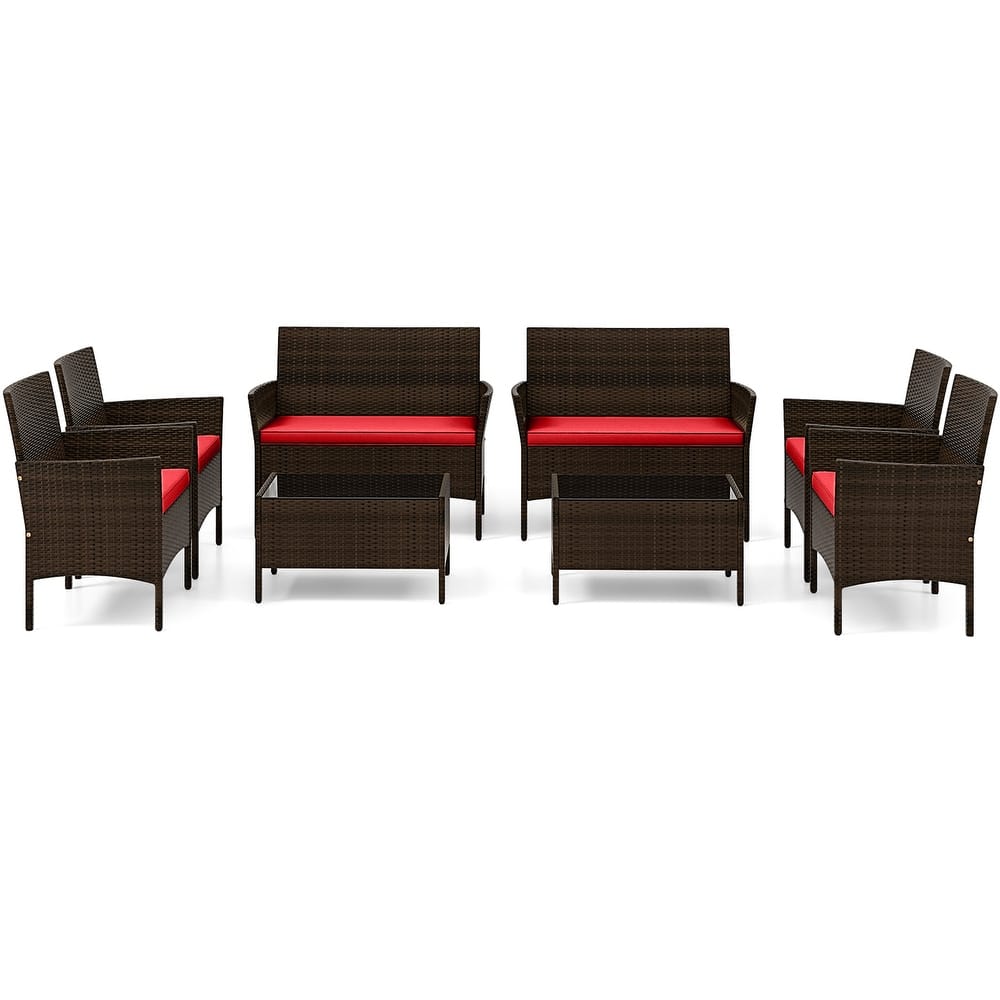 8PCS Patio Rattan Conversation Set Outdoor Furniture Set w/ End Table