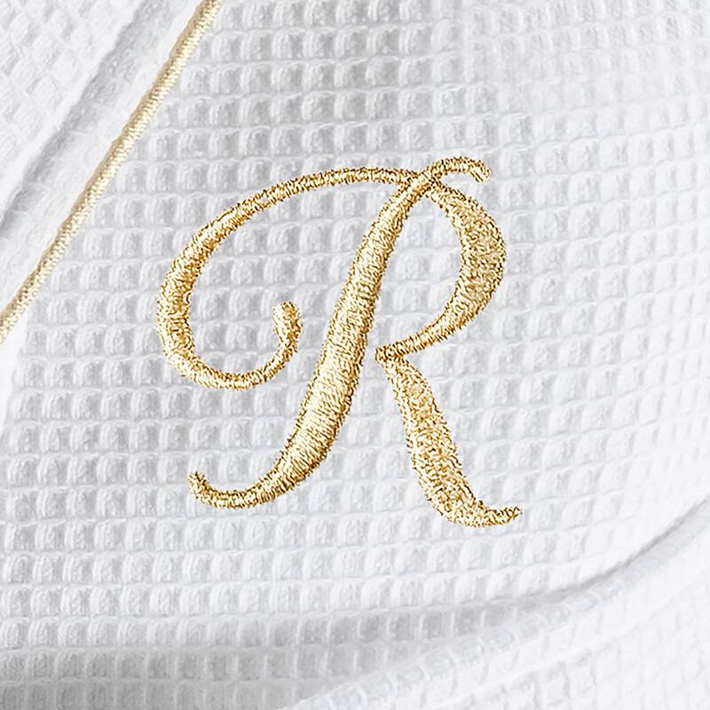 Authentic Hotel and Spa White/Gold Unisex Turkish Cotton Waffle Weave Terry Bath Robe with Gold Script Monogram - L/XL - R