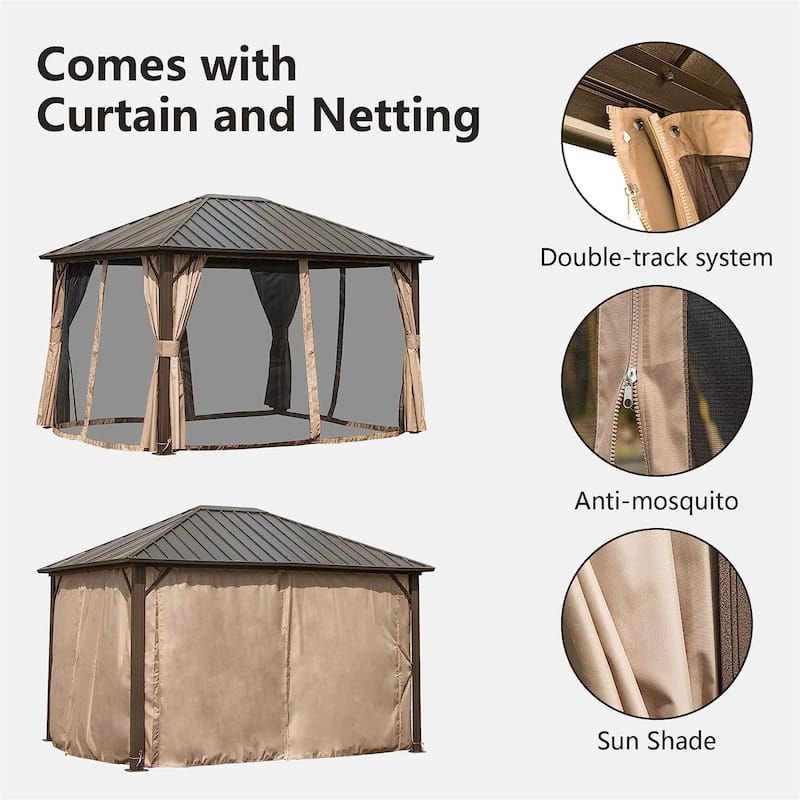 GDFStudio - Sutton Permanent Outdoor Gazebo Pavilion with Galvanized Steel Roof and Full Privacy Netting