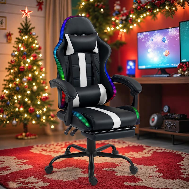 EROMMY RGB LED Gaming Chair with Thickened Massage Lumbar Pillow & Upgraded Footrest, Reclining Ergonomic Chair