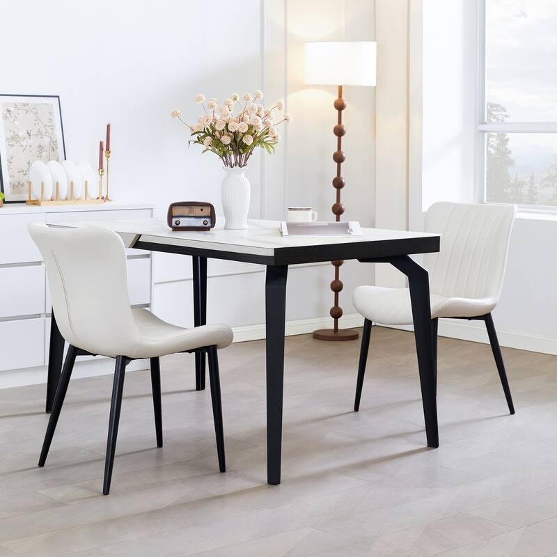Pair of Cream White Mid-Century Modern Dining Chairs with Faux Leather Upholstery‌