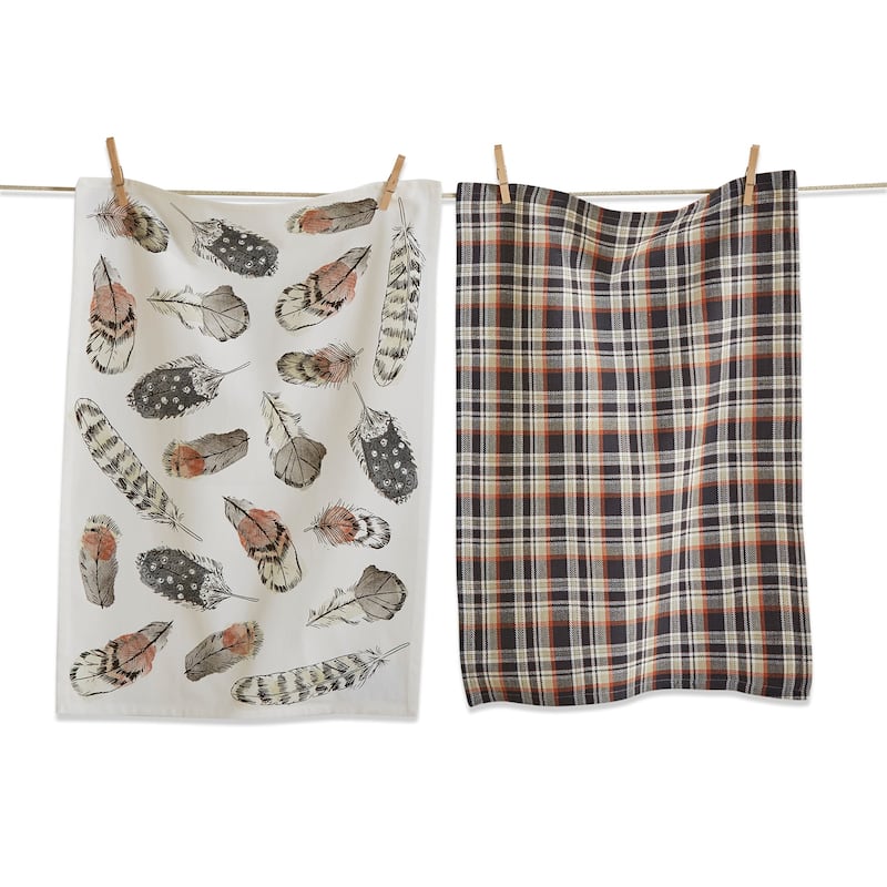 Set of 2 Floating On The Wind Feather Print with Coordinating Plaid Cotton Kitchen Dishtowels 26L x 18W in.