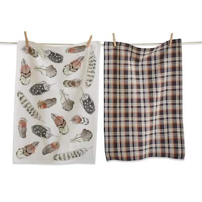 Set of 2 Floating On The Wind Feather Print with Coordinating Plaid Cotton Kitchen Dishtowels 26L x 18W in.