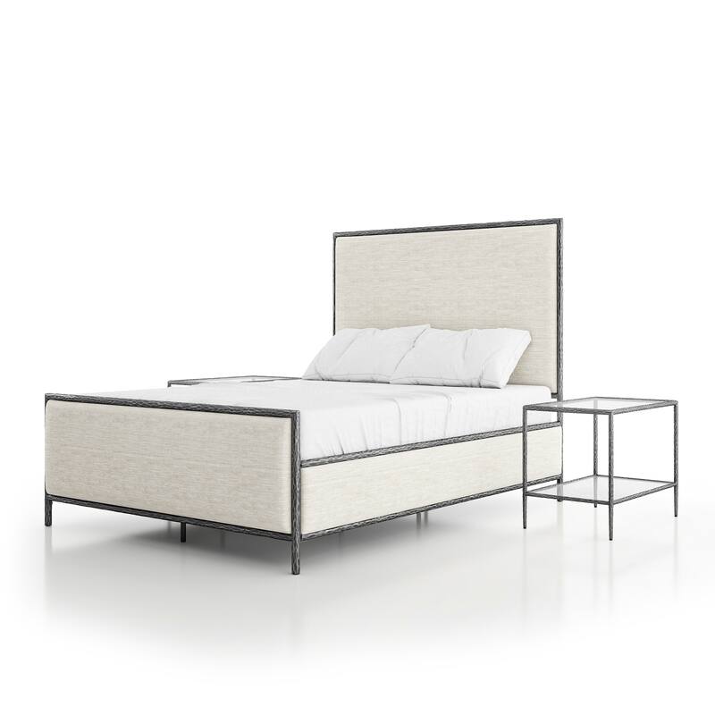 247 Shop At Home Lalia Modern 3-Piece Upholstered Hammered Metal Panel Bedroom Set with 2 Nightstands - Matte Grey - Queen