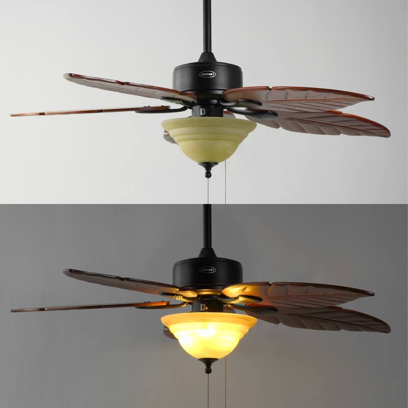 Owen 52" 3-Light Coastal Bohemian Iron/Wood Palm Leaf LED Ceiling Fan with Pull Chain, by JONATHAN Y