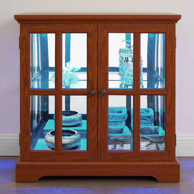 LED Curio Display Cabinet, Showcase with Adjustable Shelves & Lattice Doors, Multi-functional Glass Storage Cabinet