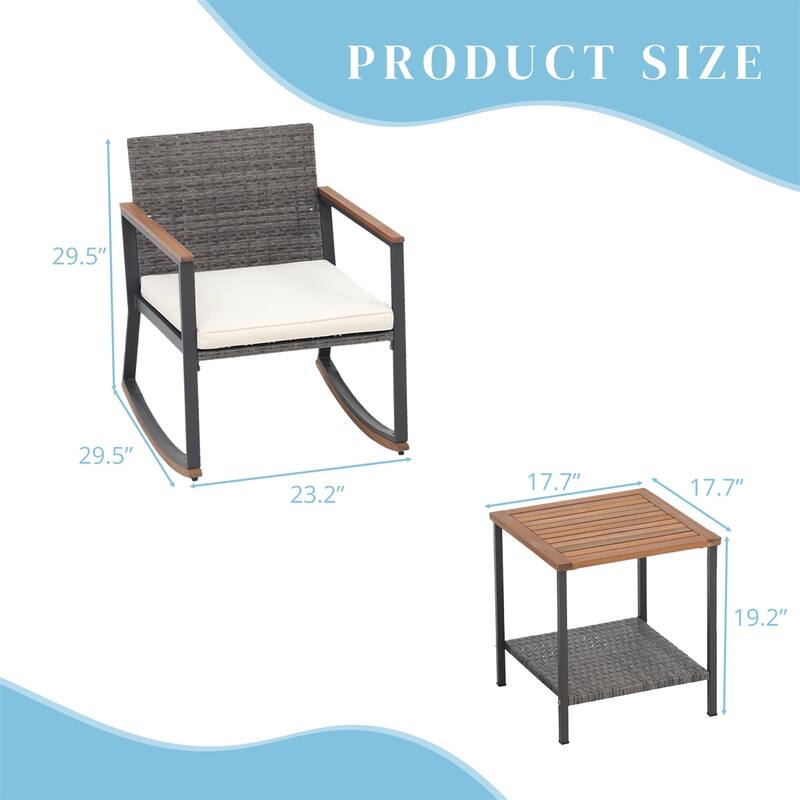 3 Pieces Rocking Wicker Bistro Set, Patio Outdoor Furniture Conversation Sets with Porch Chairs and Glass Coffee Table