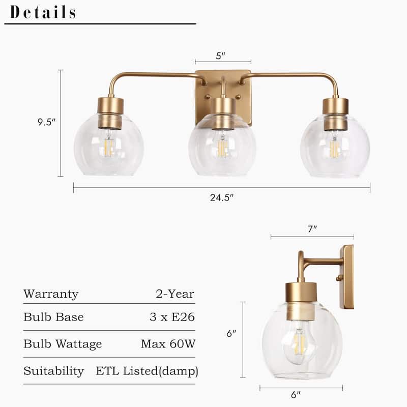 Black/Gold 3-Light Modern Farmhouse Bathroom Vanity Lights Glass Linear Wall Sconces - 24.5" L x 6" W x 9.5" H