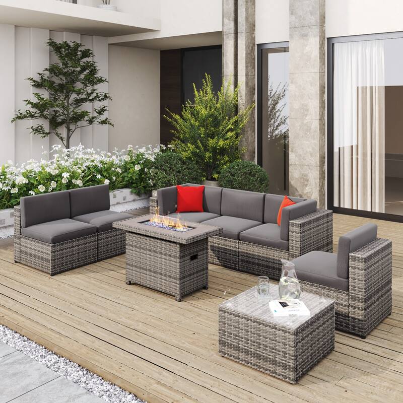 8 Pcs Patio Conversation Sets with Fire Pit Table - Grey