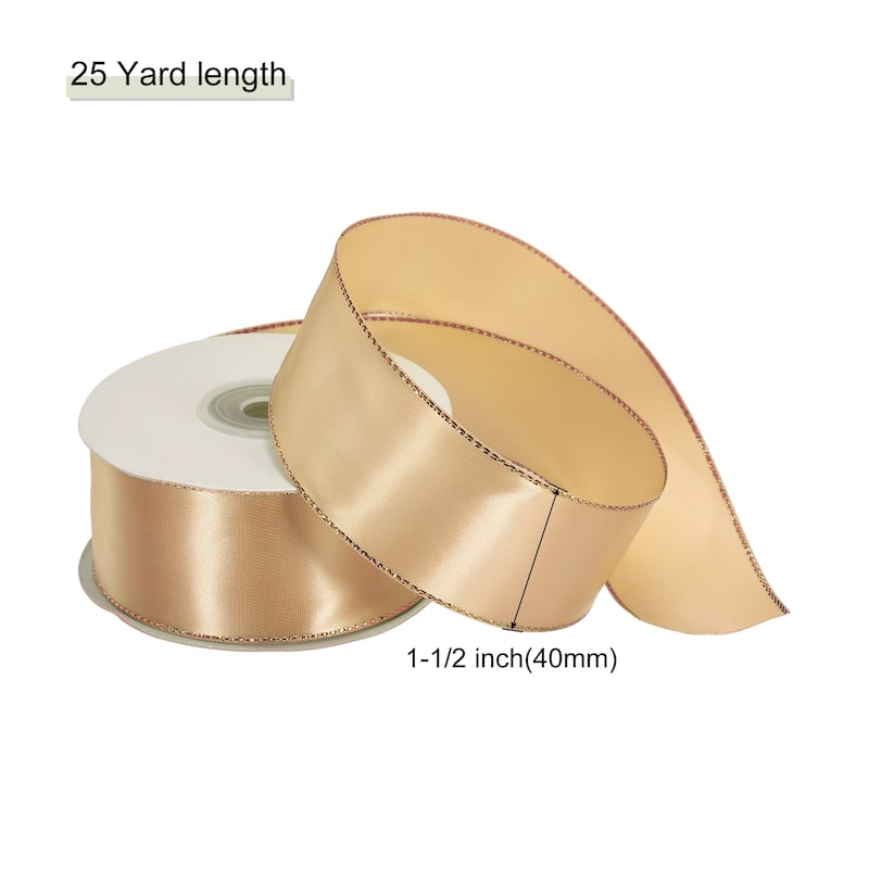 Satin Ribbon with Gold Edges Border Grosgrain Fabric Ribbon for Decor - Champagne Gold - 1 1/2 Inch x 25 Yard