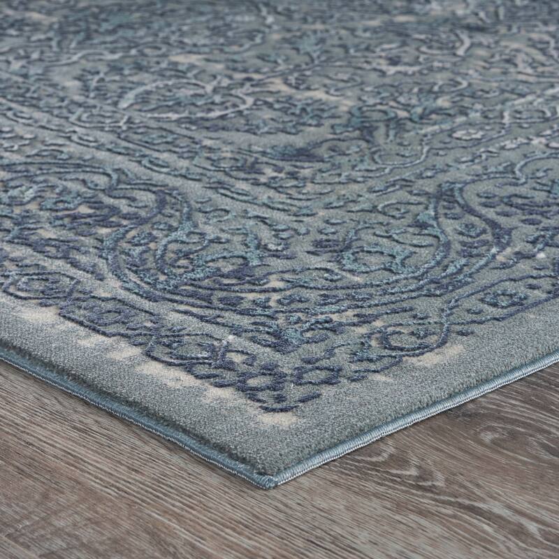 Sevita Carved Transitional Damask Polyester Area Rug, Blue and Silver