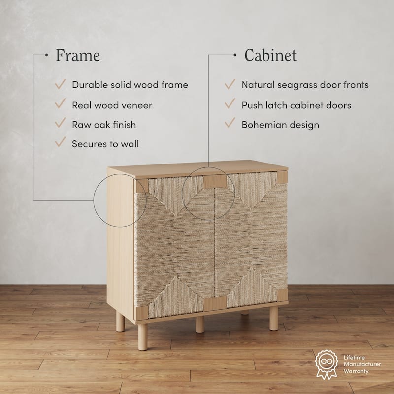 Nathan James Beacon Wood Accent Cabinet with Seagrass Doors and Adjustable Shelf