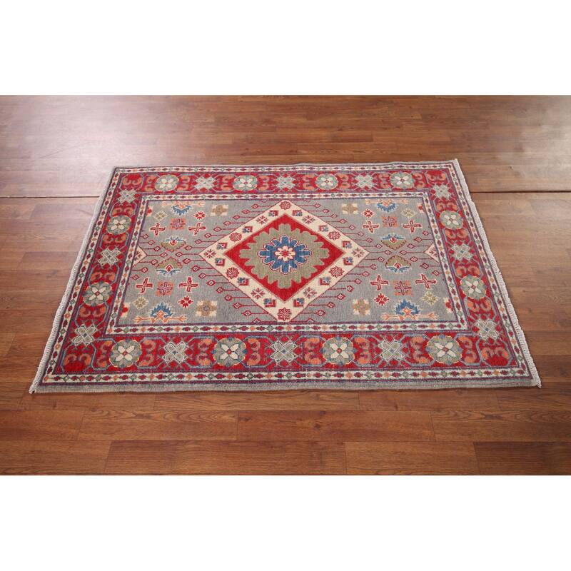 Gray Geometric Kazak Foyer Rug Hand-Knotted Hallway Wool Carpet - 3'3" x 4'4"