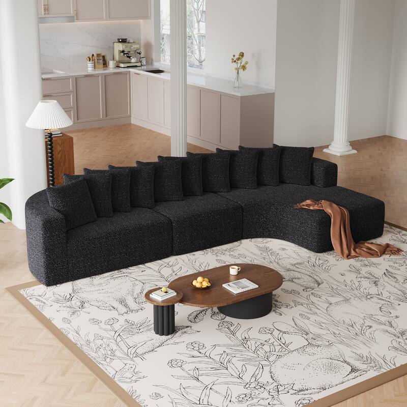 Living Room Chenille Corner Couch Curved Sectional Sofa with Chaise and 10 Pillows, Floor Standing Modular Compressed Sofa