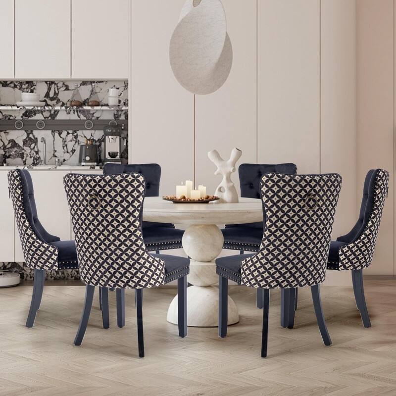 Tufted Naliheads Solid Wood Upholstered Dining Chairs Set of 6 - BlackPattern BlackLegs