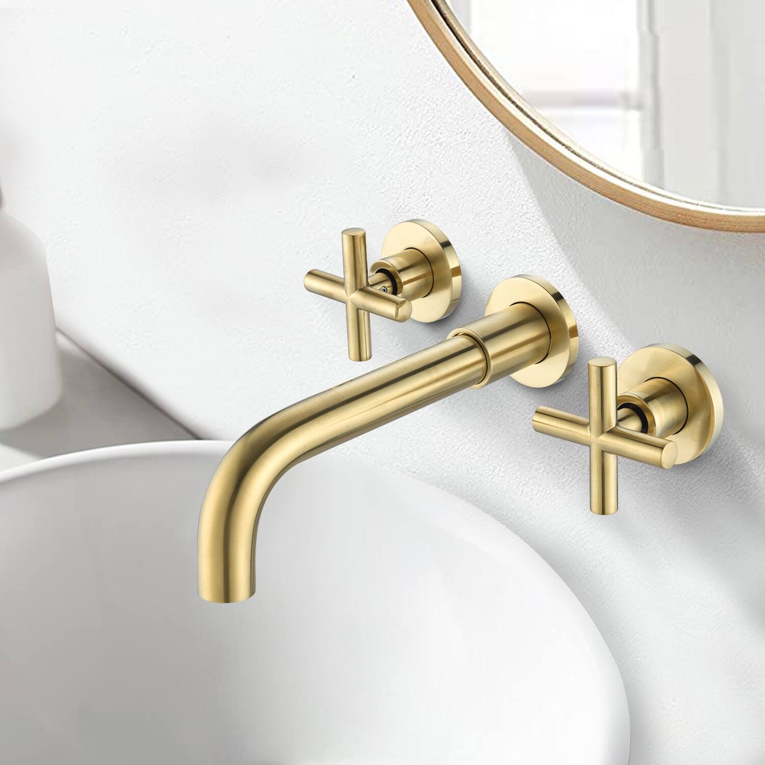 Brushed Gold Wall Mount Bathroom Faucet, Two Cross Handles, Solid Brass