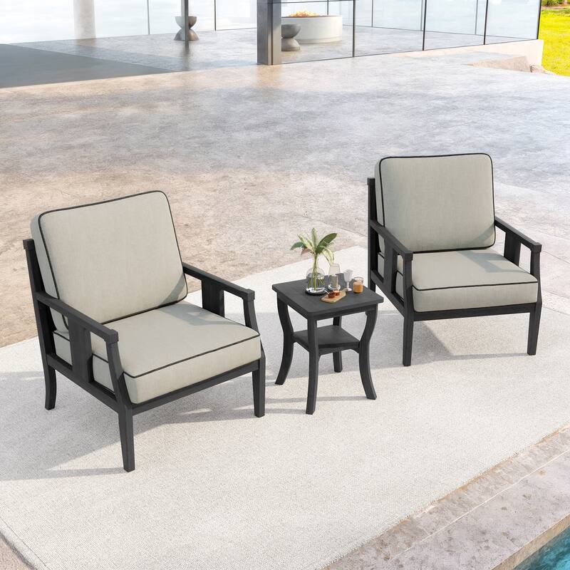 3-Piece Teak Wood Outdoor Armchair Set with Side Table, Cushions, Patio Seating Sets