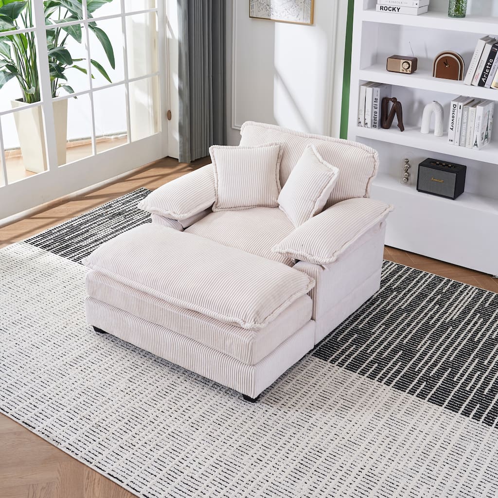 Corduroy Single Sofa with Ottoman, Comfy High Resilience Deep Seat Couch, Lounge Sofa Chair with 2 Toss Pillows