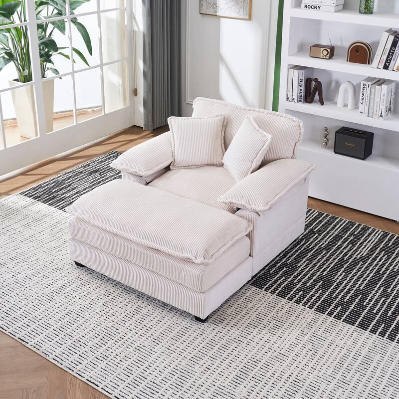 Deep Seat Accent Chair & Ottoman Set of 2, Reclining Sofa Chair, Corduroy Upholstered Chaise Lounge Couch with 2 Toss Pillows