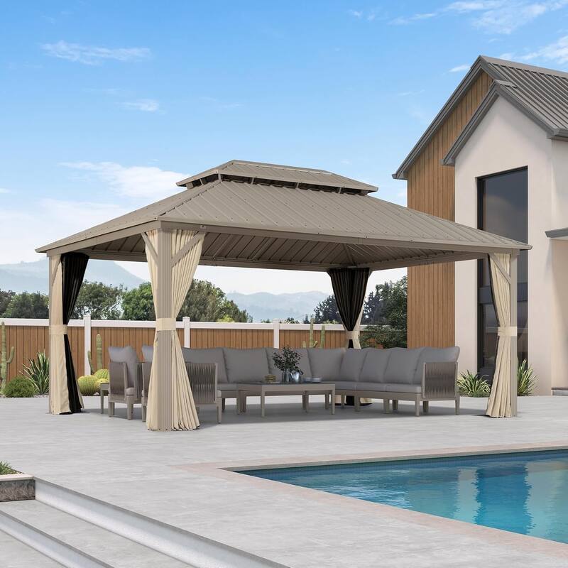 PURPLE LEAF Outdoor Hardtop Gazebo Champagne Metal Frame Galvanized Steel Double Roof with Curtains and Netting for Poolside - 12' x 16' - Gold