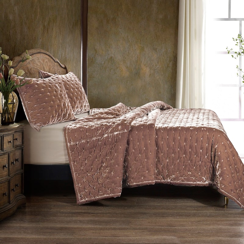 HiEnd Accents Stella Solid Color Faux Silk Velvet Romantic Modern Rustic 3 Piece Quilt Set with Pillow Shams