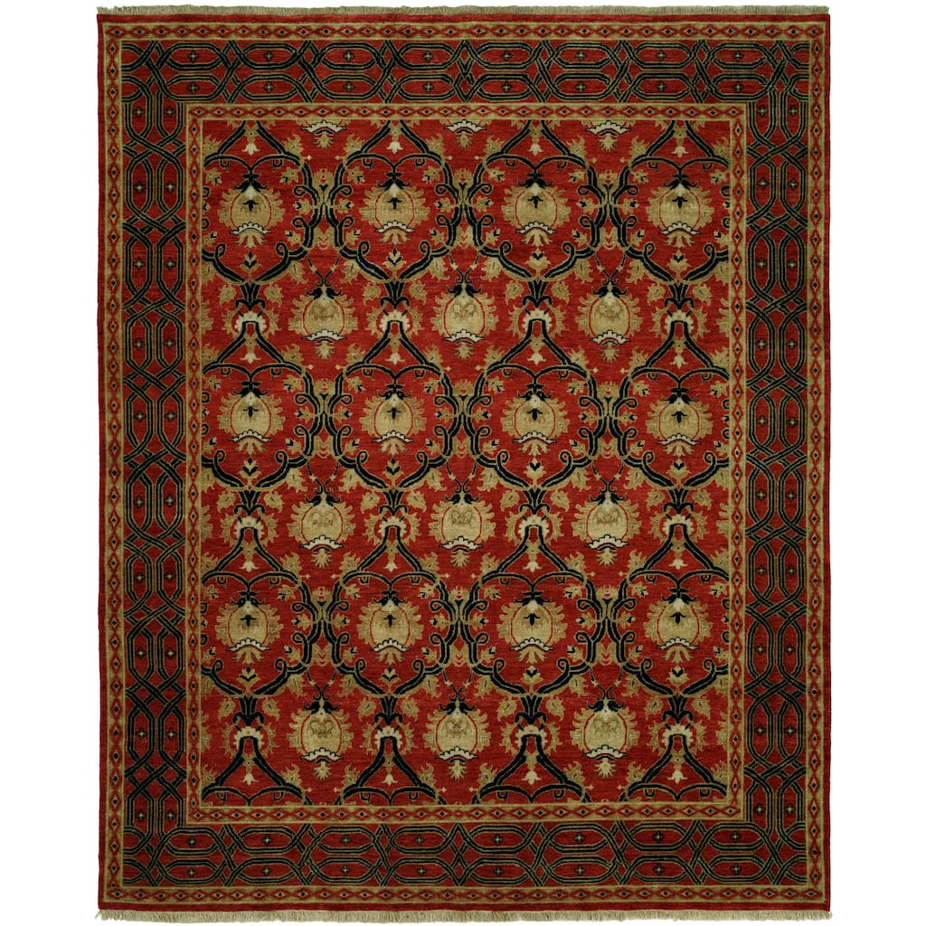 Transitional Red Hand-Knotted Wool Area Rug