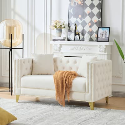 Velvet Upholstered Loveseat, Button Tufted 2 Seater Deep Seat Couche, Lounge Sofa with Nailhead Trims & Square Arms
