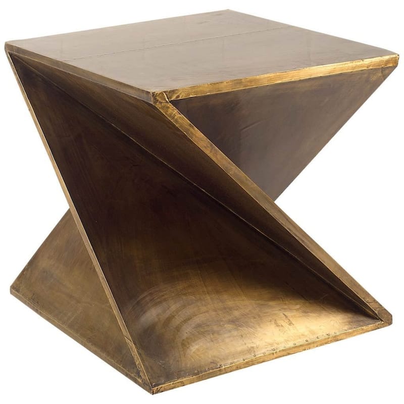 21 Inch Brass Clad Distressed Wood Abstract Z Shape End Table - 20" x 20" x 20.75"