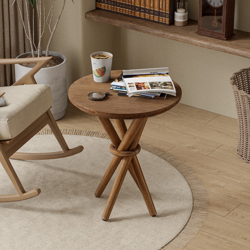 COZAYH Round Wood End Table Farmhouse Wooden Side Table Rustic Plant Stand with Bundled Legs for Living Room, Office, Walnut